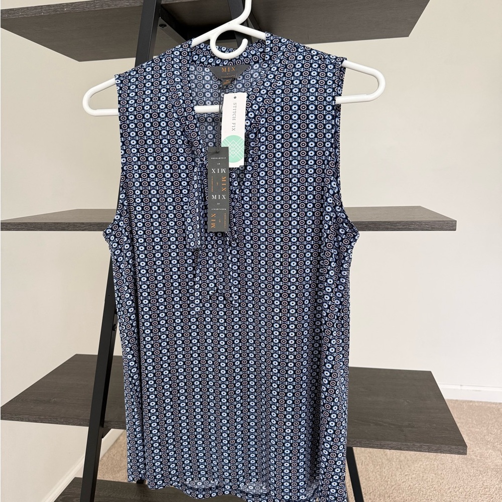 Mix by 41 Hawthorn Palila Tie Detail Sleeveless Knit Top Blue Print Size M NWT - Picture 3 of 10